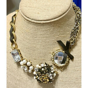 Rare Vintage Betsy Johnson Black Gold Pearl Rhinestone Ribbon Necklace Floral